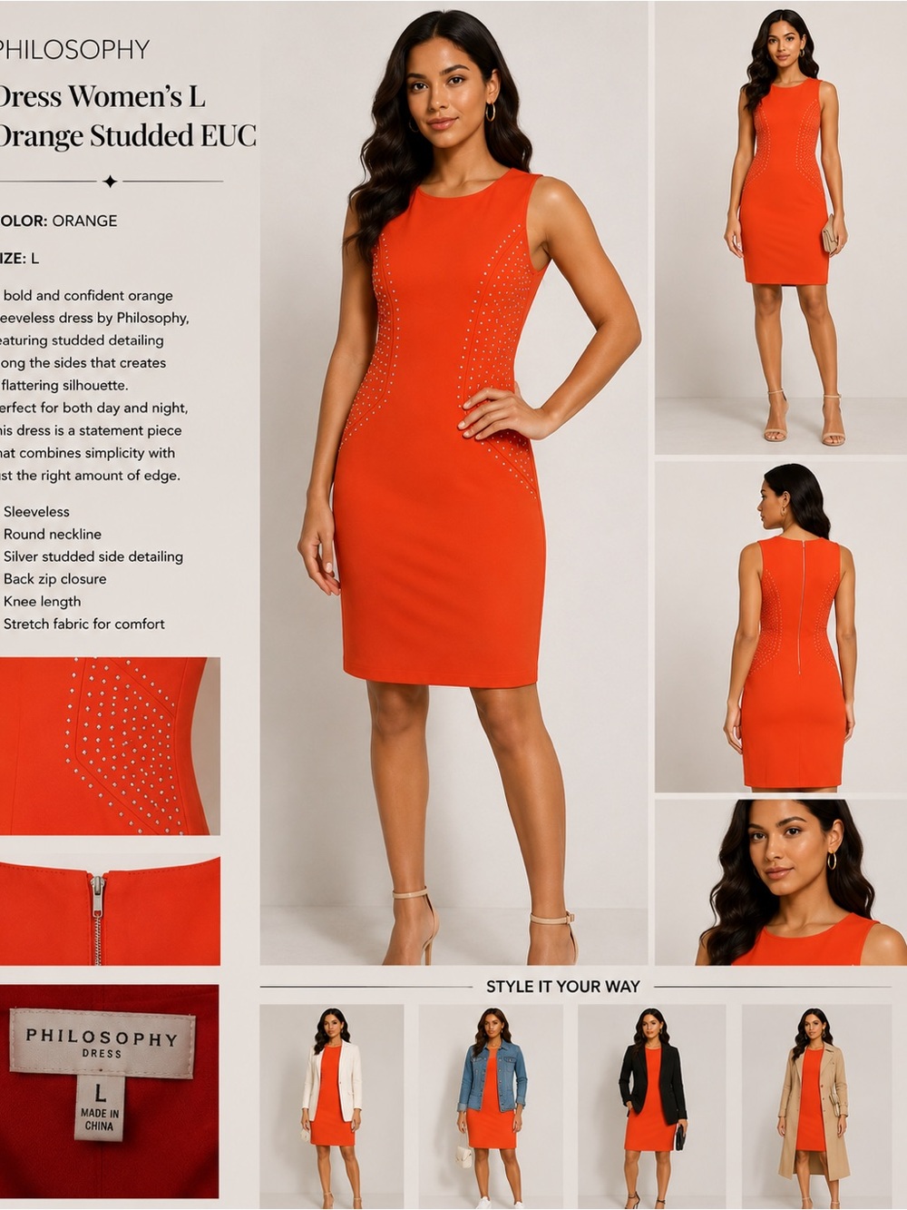 PHILOSOPHY Dress Women’s L Orange Studded EUC